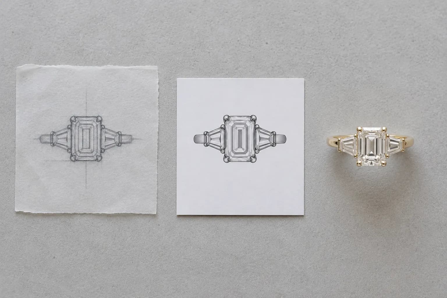 Sketch, CAD render and finished piece side by side