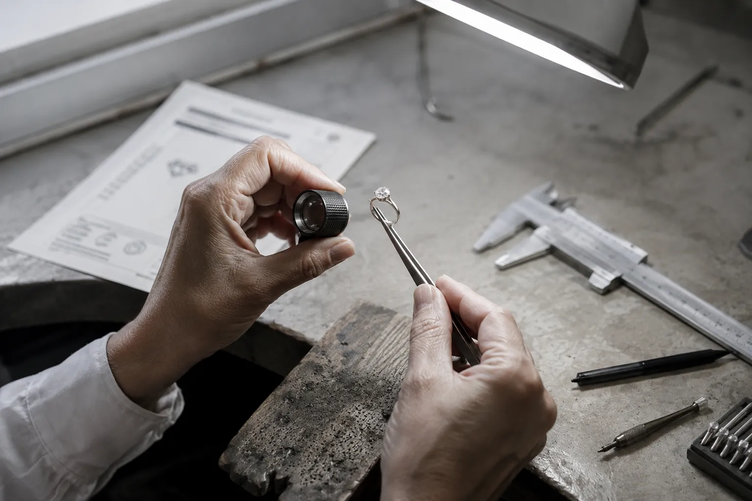 Checking a setting under magnification at the bench
